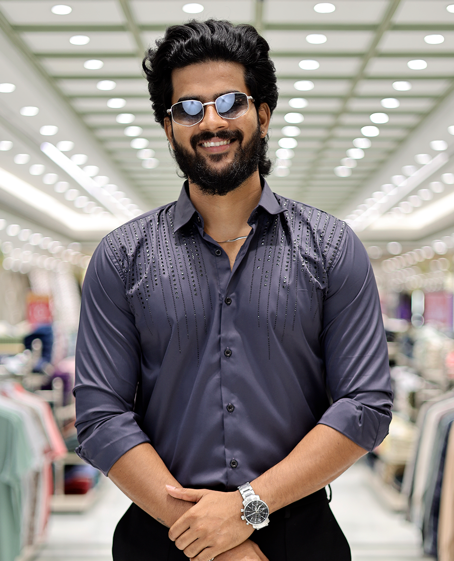 Grey Poly-Blended Party-Wear Shirt Features Stonework, a Full Sleeve, a Spread Collar, a Slim Fit, and Regular Length