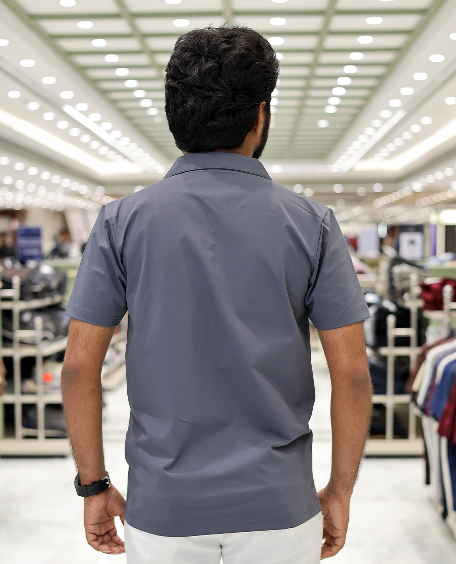 Grey Cotton-Blended Casual Shirt Comes with Floral Motifs Knitted Embroidery, Cuban Collar, Half Sleeves, Boxy Fit, and Regular Length