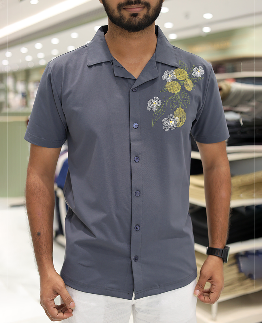 Grey Cotton-Blended Casual Shirt Comes with Floral Motifs Knitted Embroidery, Cuban Collar, Half Sleeves, Boxy Fit, and Regular Length