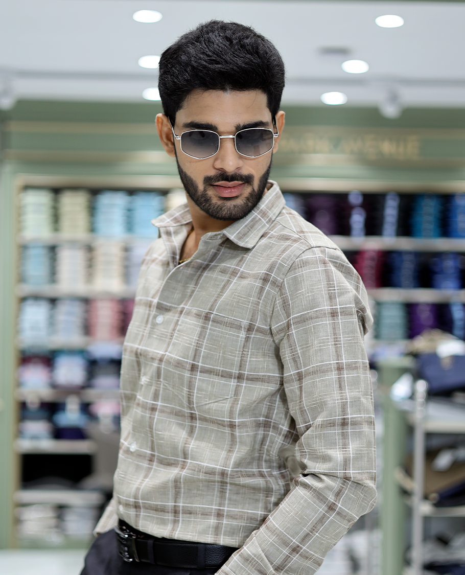Beige Checked Cotton Casual Shirt