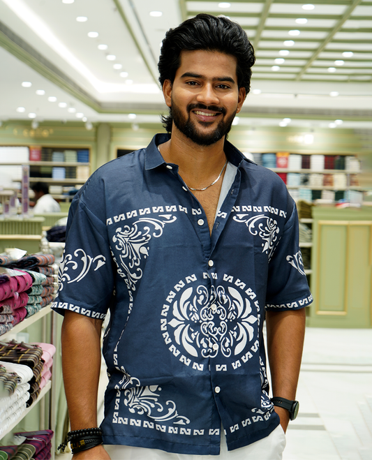 Blue Cotton-Blended Casual Shirt Features Contemporary Print, Full Sleeves, a Spread Collar, a Slim Fit, and a Regular Length