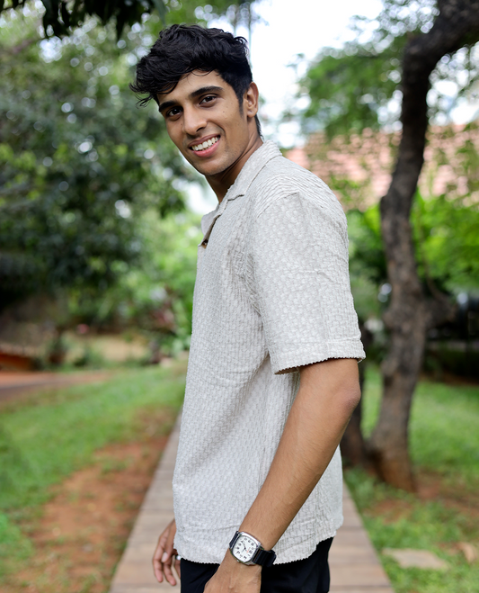 Light Grey Textured Cotton-Blended Casual Shirt Features Half Sleeves, a Regular Fit, a Spread Collar, and Regular Length