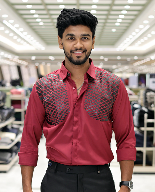 Red Poly-Blended Party Wear Shirt, Features Geometric Flock Print, Full Sleeves, Spread Collar, Slim Fit, and Regular Length 