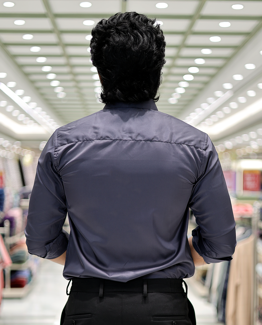 Grey Poly-Blended Party-Wear Shirt Features Stonework, a Full Sleeve, a Spread Collar, a Slim Fit, and Regular Length