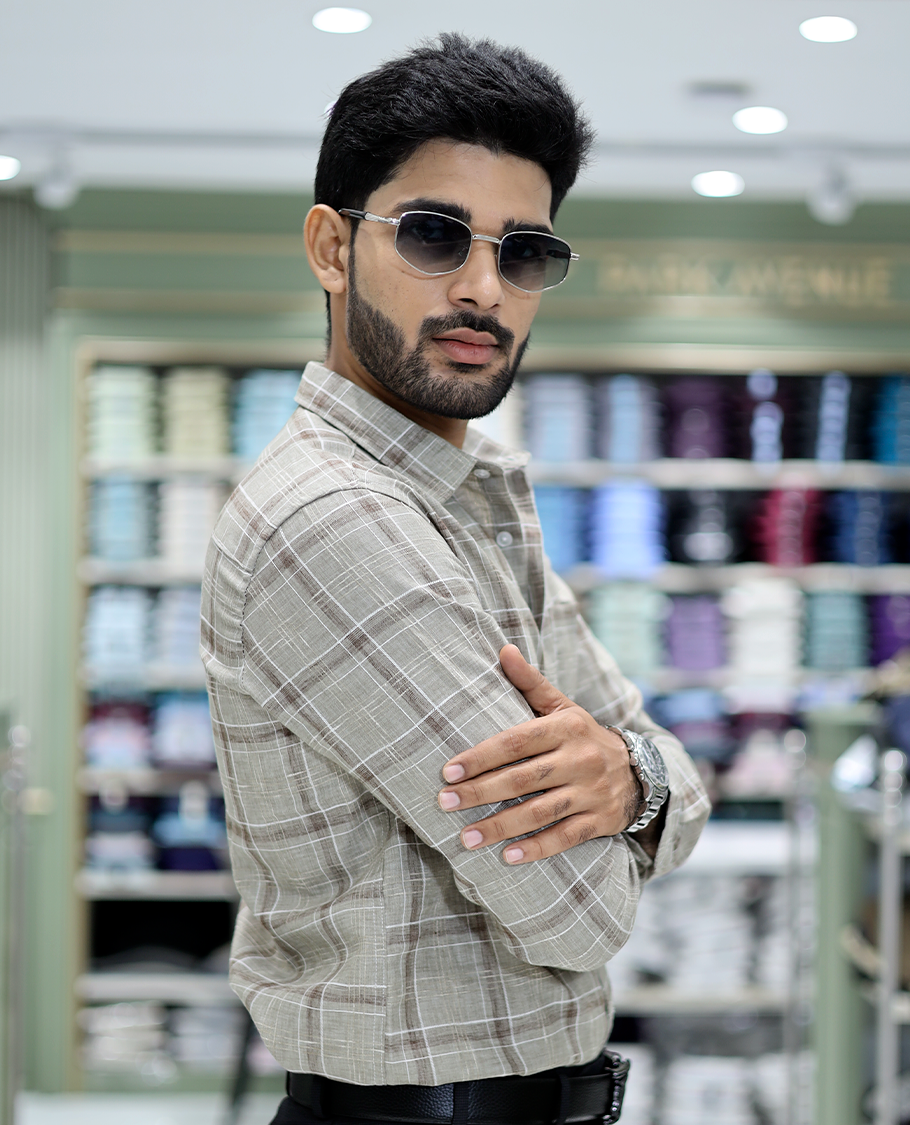 Beige Checked Cotton Casual Shirt