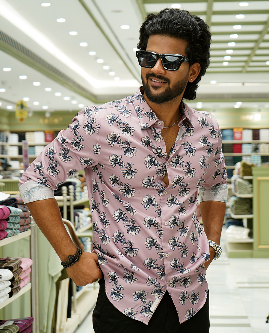 Pink Cotton-Blended Casual Shirt Features Floral Print, a Spread Collar, Full Sleeves, a Slim Fit, and Regular Length
