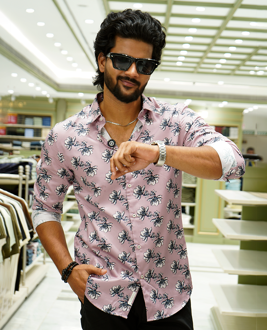 Pink Cotton-Blended Casual Shirt Features Floral Print, a Spread Collar, Full Sleeves, a Slim Fit, and Regular Length