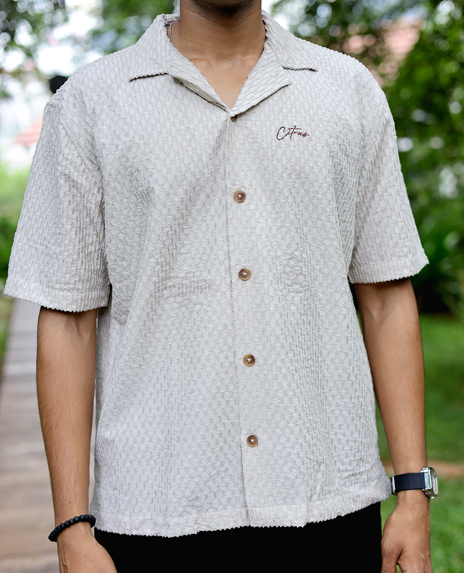 Light Grey Textured Cotton-Blended Casual Shirt Features Half Sleeves, a Regular Fit, a Spread Collar, and Regular Length