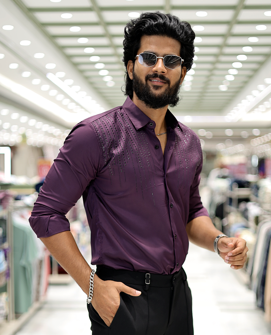Purple Poly-Blended Party-Wear Shirt Features Stonework, a Full Sleeve, a Spread Collar, a Slim Fit, and Regular Length