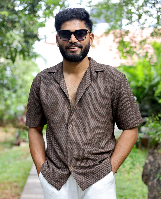 Brown Textured Cotton-Blended Casual Shirt Features Half Sleeves, a Regular Fit, a Spread Collar, and Regular Length