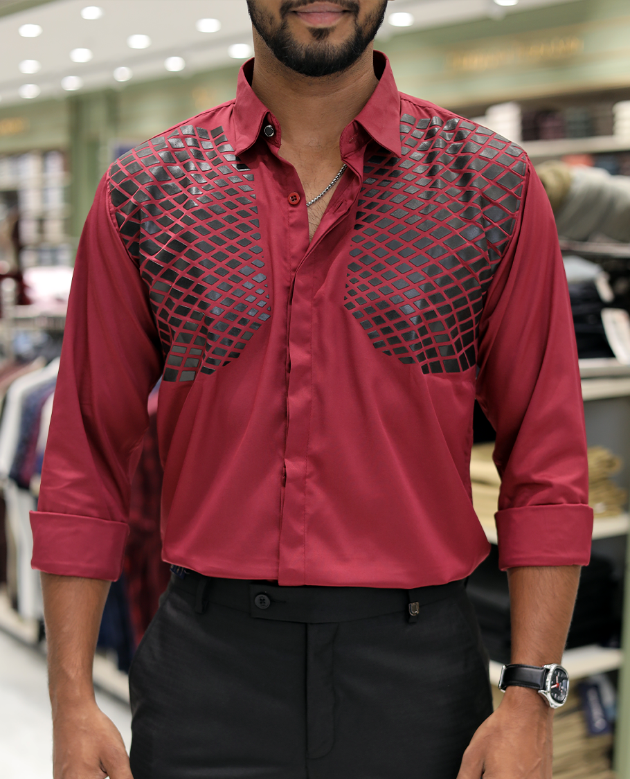 Red Poly-Blended Party Wear Shirt, Features Geometric Flock Print, Full Sleeves, Spread Collar, Slim Fit, and Regular Length 