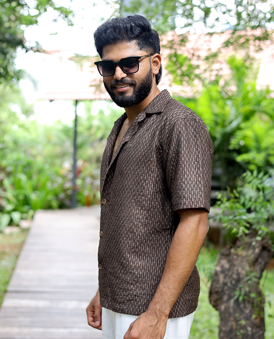 Brown Textured Cotton-Blended Casual Shirt Features Half Sleeves, a Regular Fit, a Spread Collar, and Regular Length