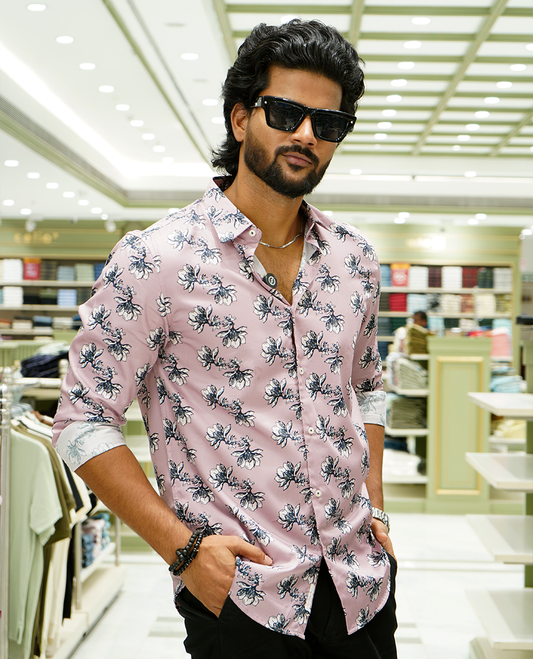 Pink Cotton-Blended Casual Shirt Features Floral Print, a Spread Collar, Full Sleeves, a Slim Fit, and Regular Length