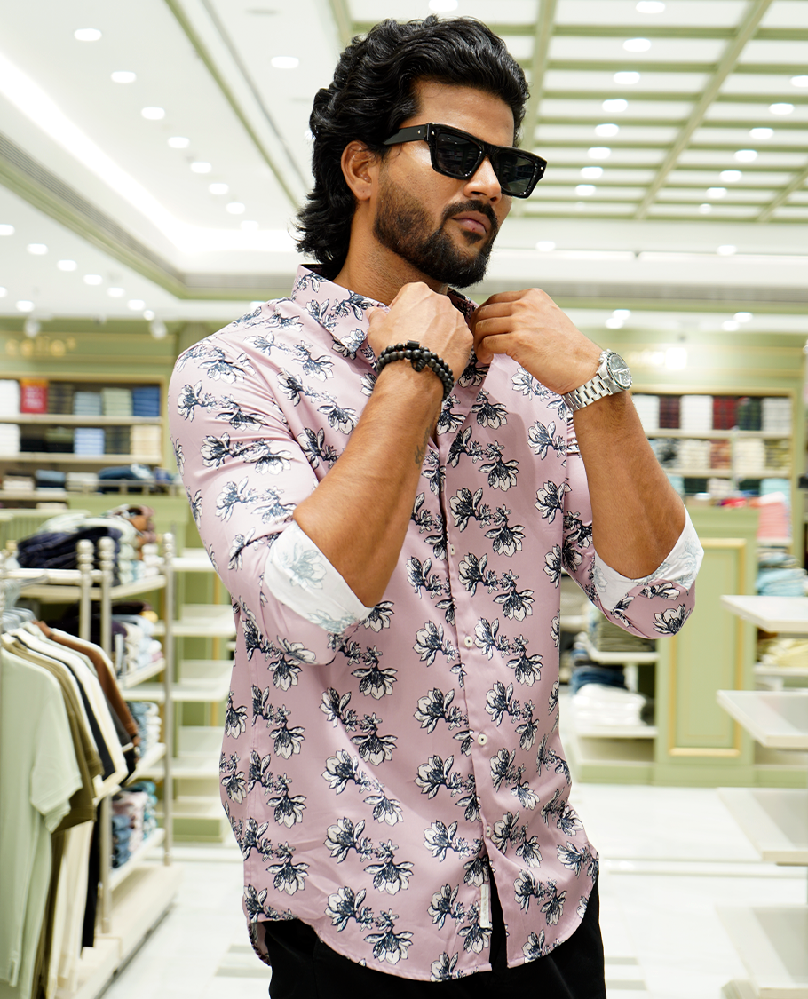 Pink Cotton-Blended Casual Shirt Features Floral Print, a Spread Collar, Full Sleeves, a Slim Fit, and Regular Length