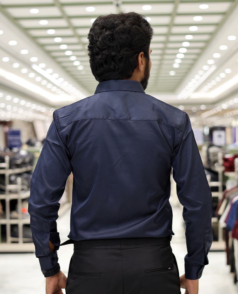 Navy Blue Poly-Blended Party Wear Shirt, Features Vines-Themed Stone Work, Full Sleeves, a Spread Collar, Slim Fit, and Regular Length 