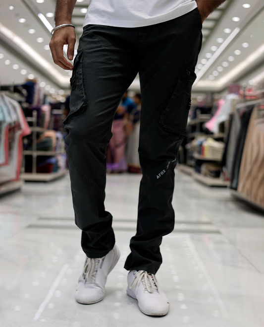 Black Plain Cotton-Blended Cargo Trousers Features a Regular Fit, Belt Loops, and Regular Length