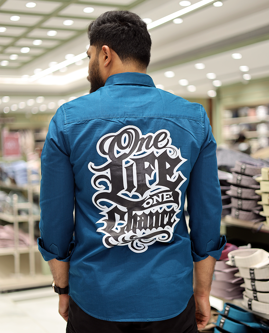 Blue Cotton-Blended Casual Shirt Features Life-Quotes Backprint, Full-Sleeves, a Spread Collar, a Regular Fit, and a Regular Length