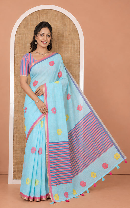 Sea Blue Linen Cotton Saree, Beautified with Flower Buttas, a Contrast Border, Multi-Color Striped Pallu, and a Contrast Blouse