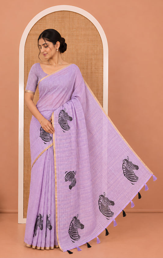 Lavender Linen Cotton Saree, Accentuated with Zebra Motifs Print, A Subtle Piping Border, Zebra Printed Pallu, and Comes with a Contrast Blouse