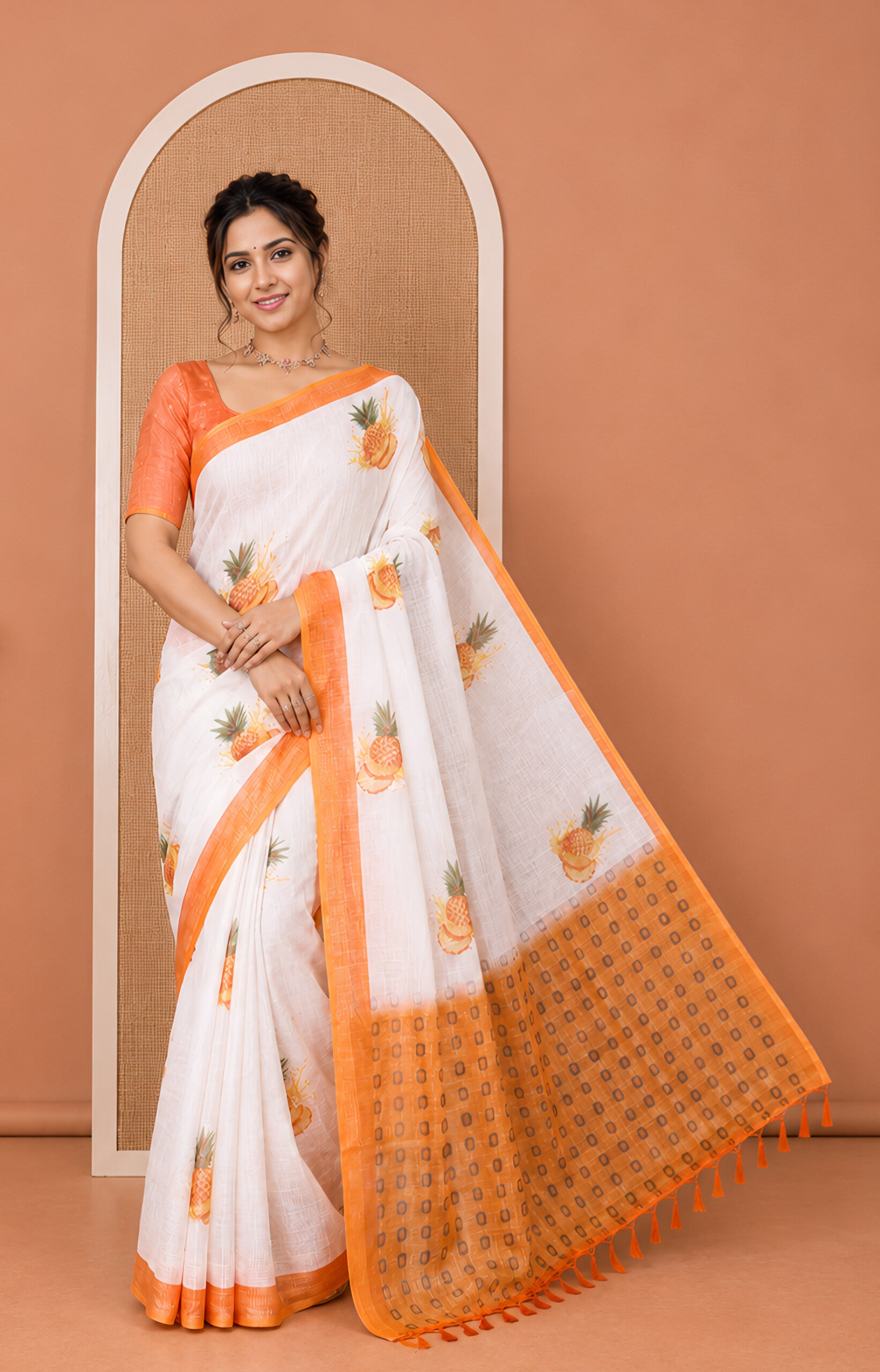 White Linen Cotton Saree, Artfully Printed with Pineapple Motifs All Over Its Body, Complemented by a Contrast Border, Geometric -Printed Pallu, and Paired with a Contrast Blouse