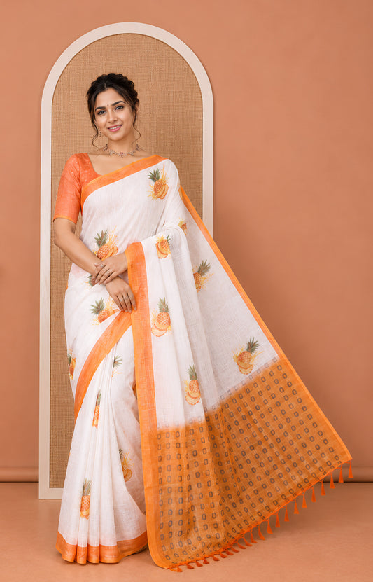 White Linen Cotton Saree, Artfully Printed with Pineapple Motifs All Over Its Body, Complemented by a Contrast Border, Geometric -Printed Pallu, and Paired with a Contrast Blouse