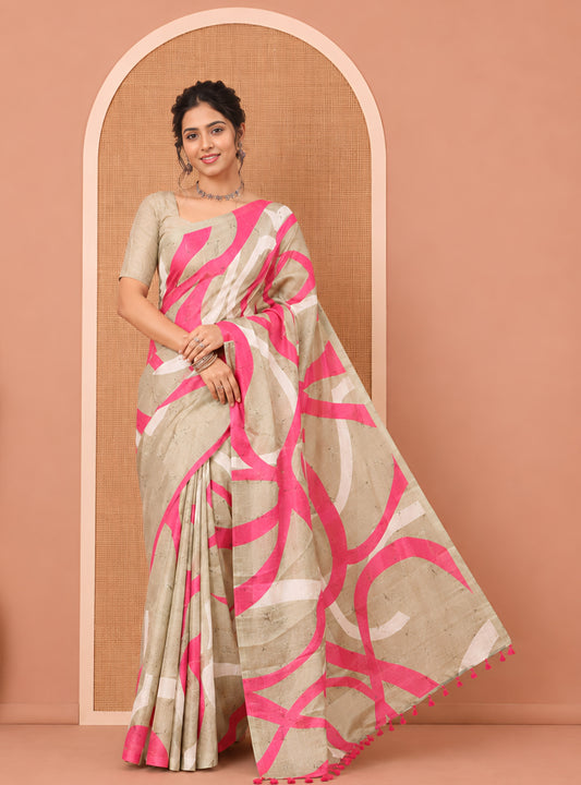 Borderless Apple Green Khadi Cotton Saree, Adorned with Batik-Style Vines Print, a Subtle Pallu, and a Matching Blouse