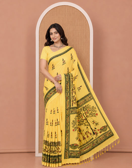 Yellow Khadi Mul Cotton Saree, Artfully Printed with Warli Motifs All Over Its Body, Highlighted by a Self-Border of Warli Print, Pallu of Warli Print, and Paired with a Matching Blouse