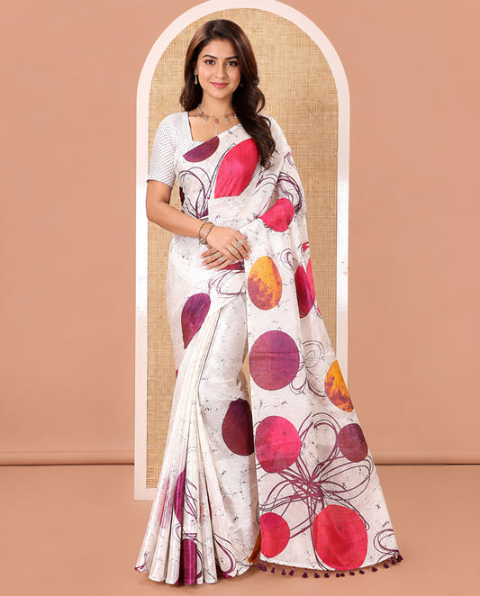 Borderless Cream and Purple Khadi Cotton Saree, Elevated with Big Circles Motifs, Floral Motifs, and Batik Print on Its Body, Self-Printed Pallu, and Paired with a Matching Printed Blouse