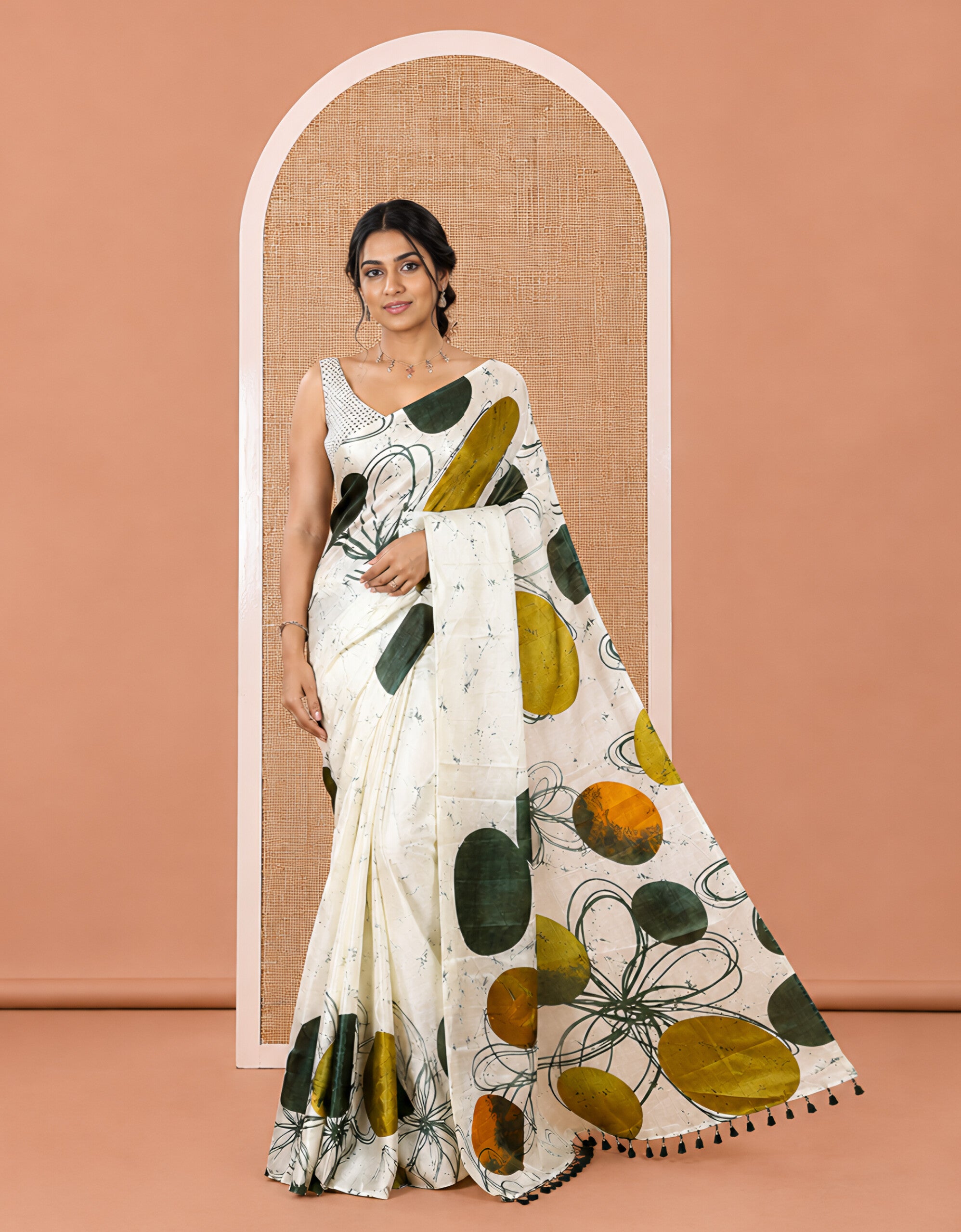 Borderless Cream and Green Khadi Cotton Saree, Adorned with Big Circles Motifs, Floral Motifs, and Batik Print on Its Body, Self-Printed Pallu, and Paired with a Matching Printed Blouse