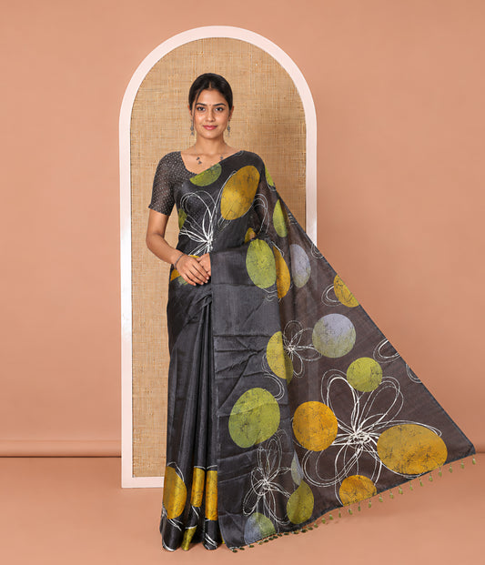 Borderless Black and Green Khadi Cotton Saree, Elevated with Big Circles Motifs, Floral Motifs, and Batik Print on Its Body, Self-Printed Pallu, and Paired with a Matching Printed Blouse