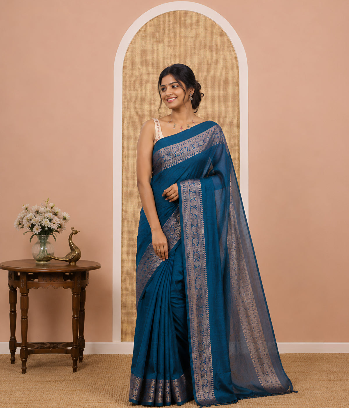 Peacock blue Plain Vichitra Silk Saree Subtly Sparked with Self-Border Featuring Traditional Designs, Plain Pallu, and Comes Without Blouse