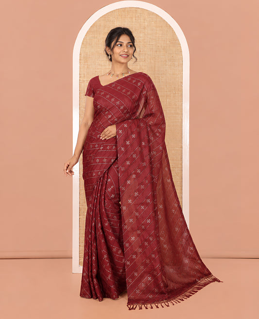 Borderless Maroon Vichitra Silk Saree, Gleamed Up with Floral Buttas and Leheriya-Style Foil Print on Its Body, a Self-Pallu, and Has No Blouse