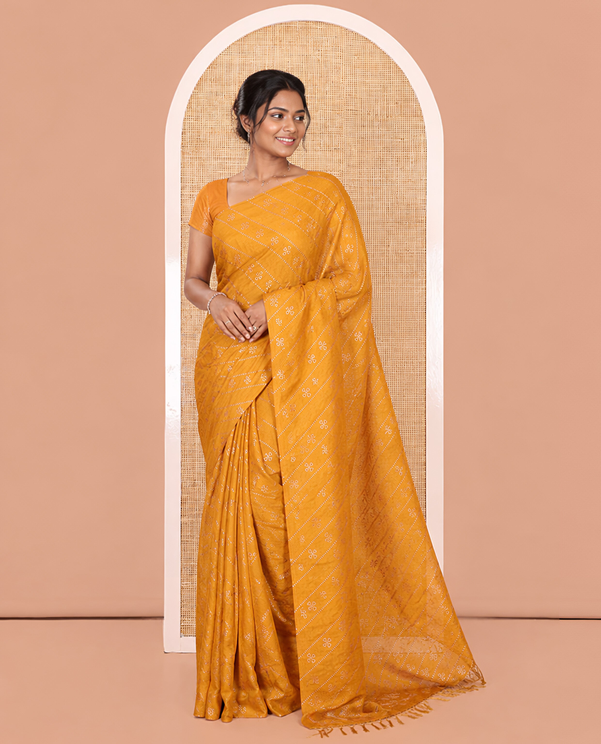 Borderless Mustard Vichitra Silk Saree, Gleamed Up with Floral Buttas and Leheriya-Style Foil Print on Its Body, a Self-Pallu, and Has No Blouse