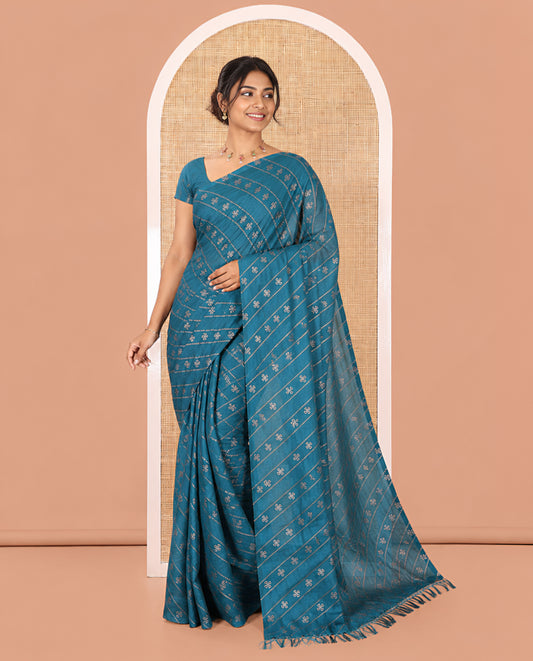 Borderless Peacock Blue Vichitra Silk Saree, Gleamed Up with Floral Buttas and Leheriya-Style Foil Print on Its Body, a Self-Pallu, and Has No Blouse