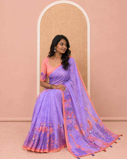 Lavender Linen Cotton Saree, Adorned with Floral Crane Motifs Print, a Contrast Border, and a Contrast Blouse