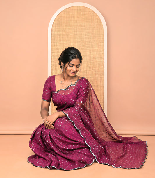 Purple Shimmer Chiffon Saree, Steeped with Buttas, a Scallop Mirror Work Border, and a Matching Blouse