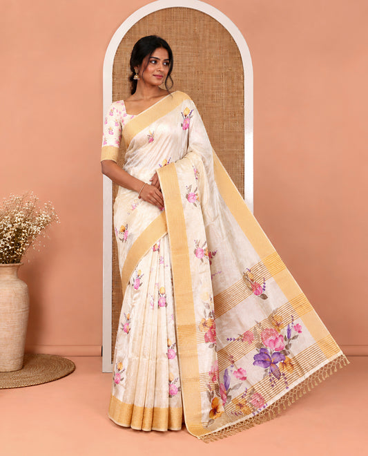 Cream Semi-Tussar Saree, Adorned with Floral Print, Zari Chevron Striped Border, and a Matching Blouse