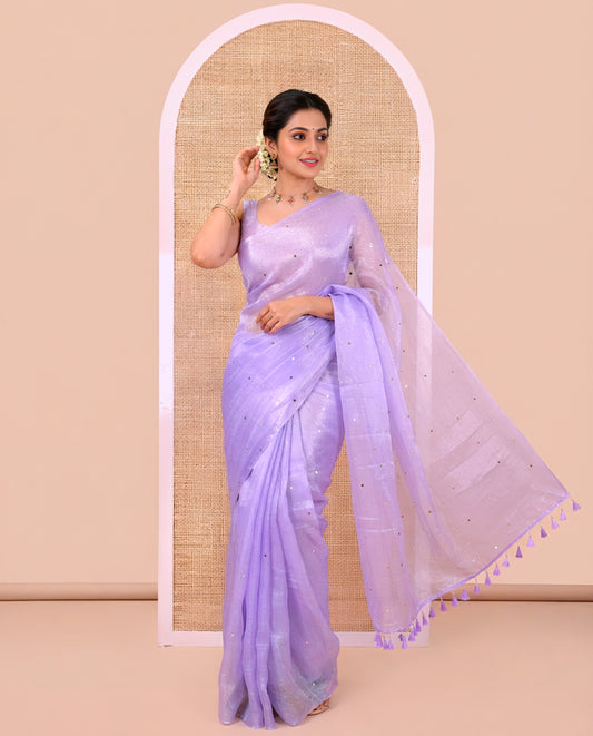 Borderless Lavender Fendy Chiffon Saree, Gleamed Up with Sequin Work on Its Body, Highlighted by a Self-Pallu of Sequin Work, and Paired with a Matching Blouse