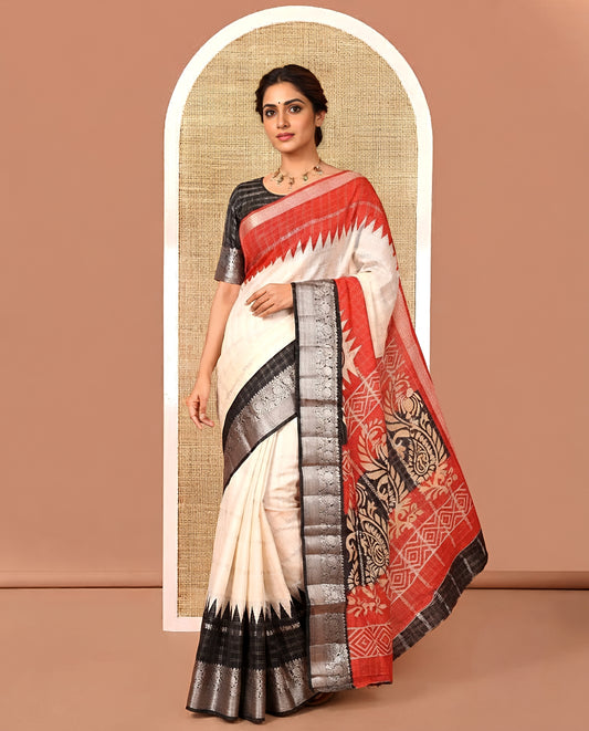 Off-White Fancy Georgette Saree, Featuring Zari Designs, Complemented by a Contrast Ganga-Jamuna Zari Temple Border of Traditional Designs, Pallu of Paisleys, and Paired with a Contrast Blouse