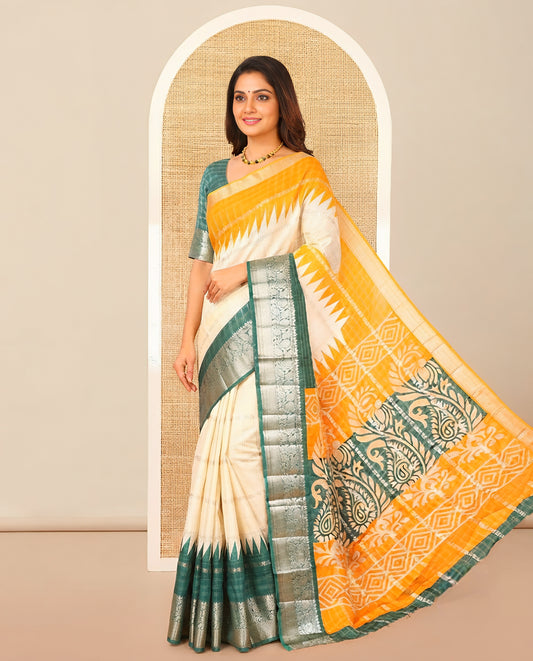 Off-White Fancy Georgette Saree, Enriched with Zari Designs, Complemented by a Contrast Ganga-Jamuna Zari Temple Border of Traditional Designs, Pallu of Paisleys, and Paired with a Contrast Blouse