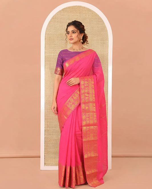 Rani Pink Plain Sungudi Cotton Saree, Highlighted by Traditional Zari Border of Peacock and Elephant Motifs Weave, Subtly Striped Pallu, and Paired with a Contrast Veldhari Design Blouse