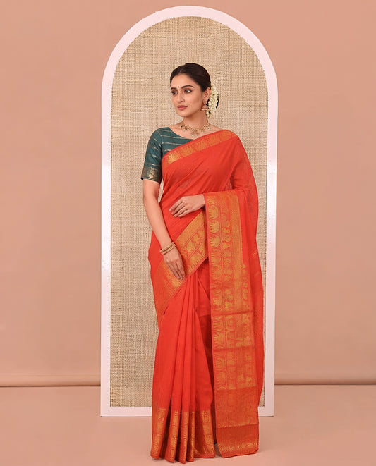 Red Plain Sungudi Cotton Saree, Highlighted by Traditional Zari Border of Peacock and Elephant Motifs Weave, Subtly Striped Pallu, and Paired with a Contrast Veldhari Design Blouse