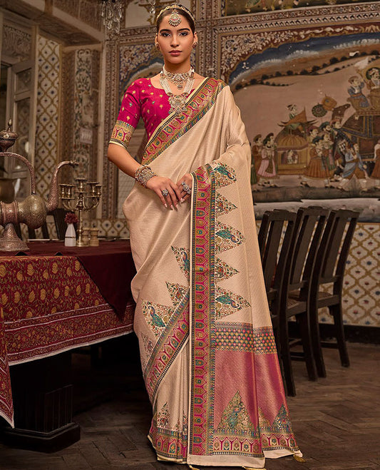 Sandal Designer Saree, Richly Detailed with Stripes All Over Its Body, Complemented by a Contrast Border of Peacock and Mughal-Style Motifs, Pallu of Meenakari-Style Peacock Designs, and Paired with a Contrast Blouse