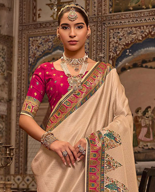Sandal Designer Saree, Richly Detailed with Stripes All Over Its Body, Complemented by a Contrast Border of Peacock and Mughal-Style Motifs, Pallu of Meenakari-Style Peacock Designs, and Paired with a Contrast Blouse