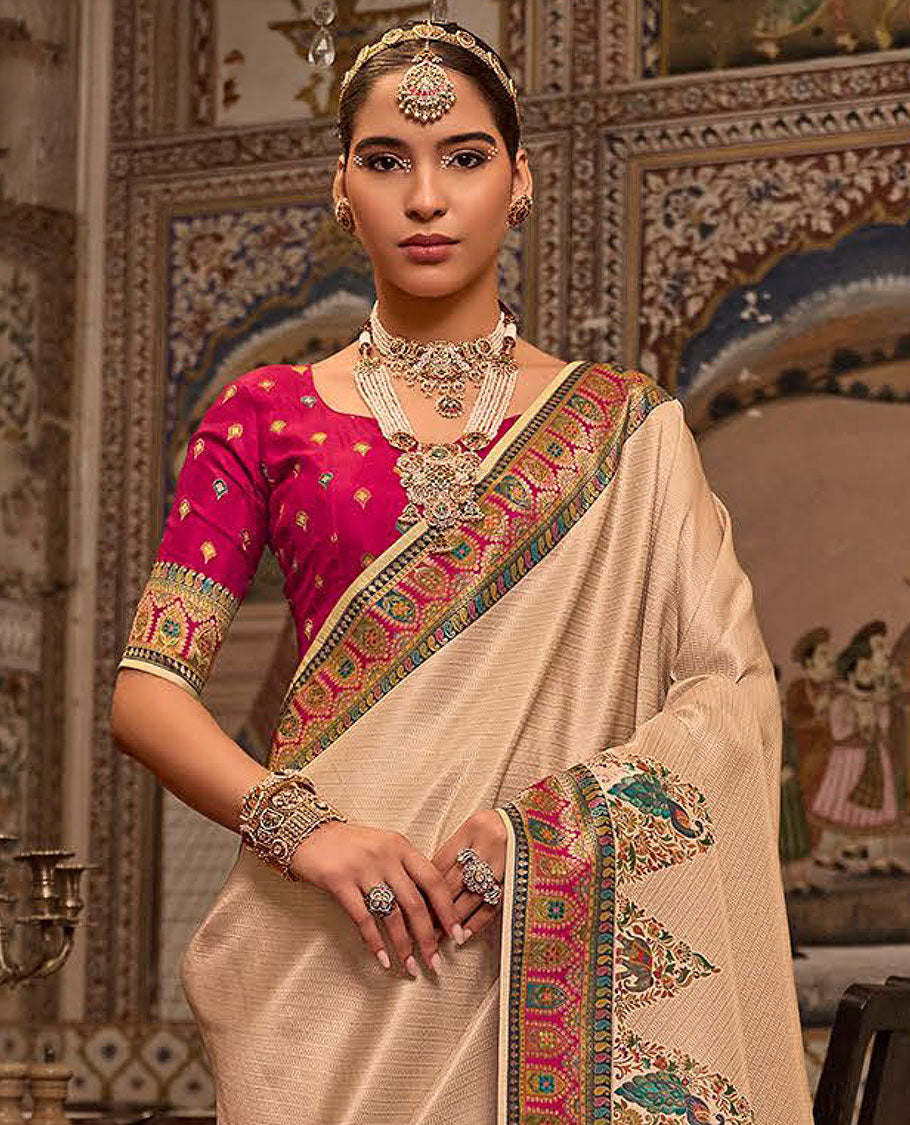 Sandal Designer Saree, Richly Detailed with Stripes All Over Its Body, Complemented by a Contrast Border of Peacock and Mughal-Style Motifs, Pallu of Meenakari-Style Peacock Designs, and Paired with a Contrast Blouse
