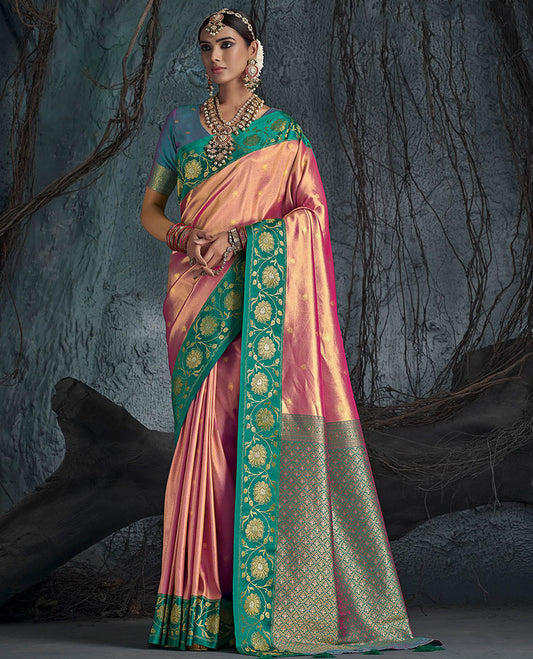 Pink Designer Saree, Mesmerized with Buttas All Over Its Body, Complemented by a Contrast Floral Creeper Design Border, Pallu of Jaal Designs, and Paired with a Contrast Blouse