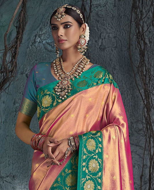 Pink Designer Saree, Mesmerized with Buttas All Over Its Body, Complemented by a Contrast Floral Creeper Design Border, Pallu of Jaal Designs, and Paired with a Contrast Blouse