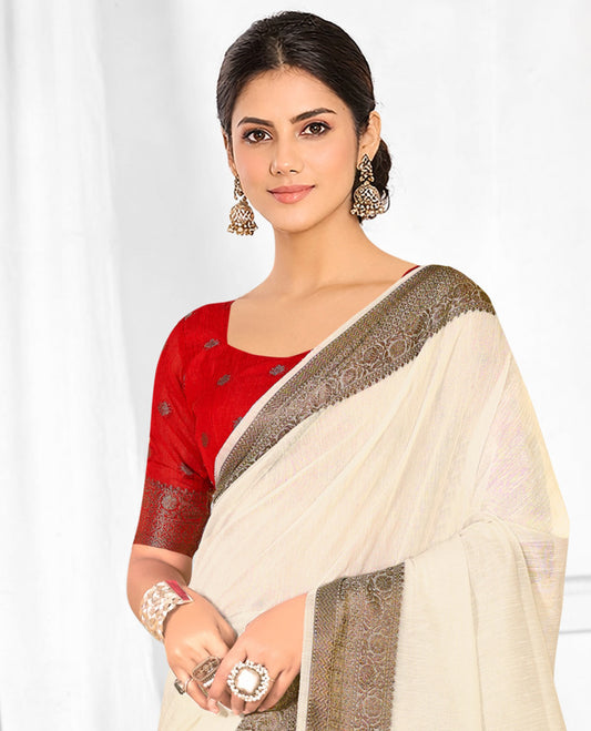 Cream Plain Linen Designer Catalog Saree