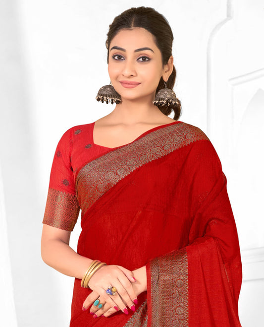 Red Plain Linen Designer Catalog Saree