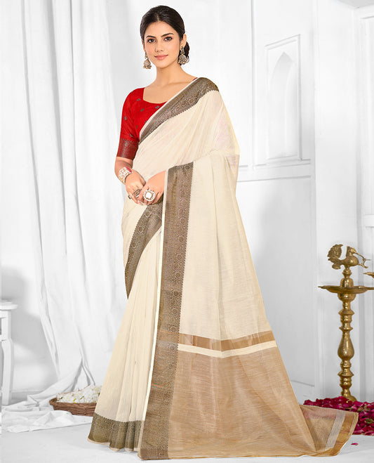 Cream Plain Linen Designer Catalog Saree